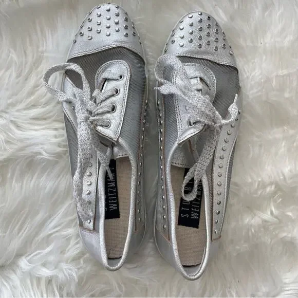 Stuart Weitzman | Women’s Silver Mesh Studded Studs Embellished Sneakers Shoes 7 - Picture 8 of 10